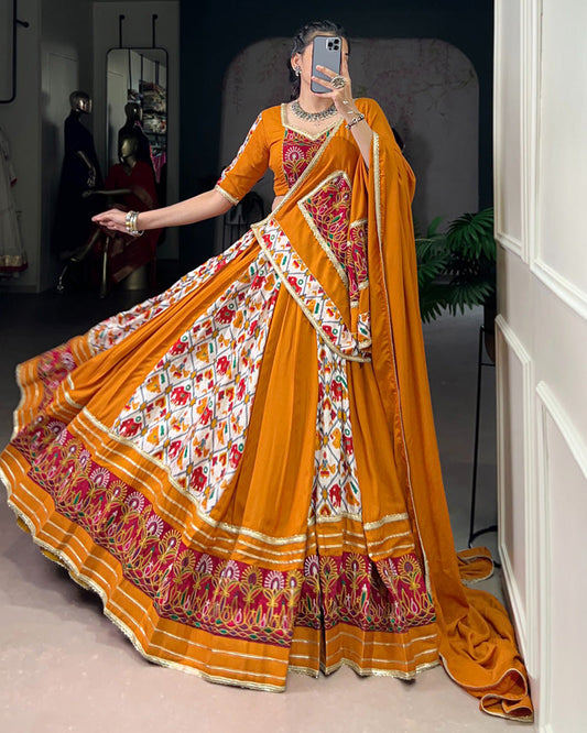Mustard Pure Rayon Printed Silk Navratri Lehenga Choli for Women