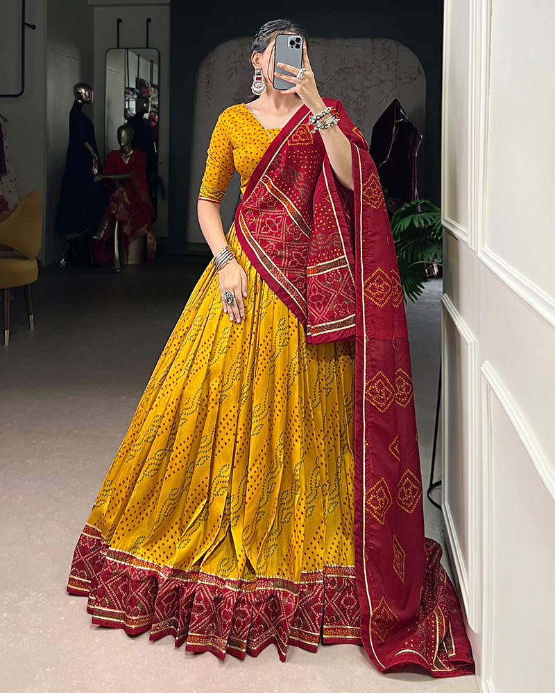 Yellow Tussar Silk Bandhej Lehenga Choli for Navratri Festival Wear