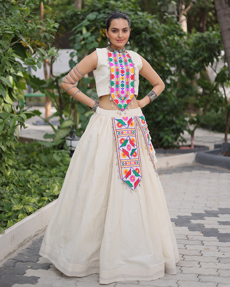 Off White Kora Cotton Gamthi Embroidered Navratri Lehenga Choli for Women