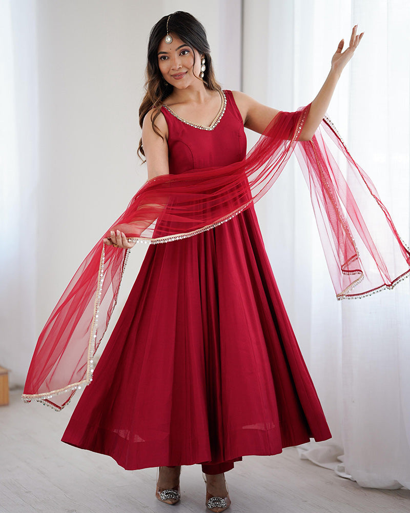 Maroon Chanderi Silk Anarkali Suit – Elegant Pure Roman Silk Party Wear