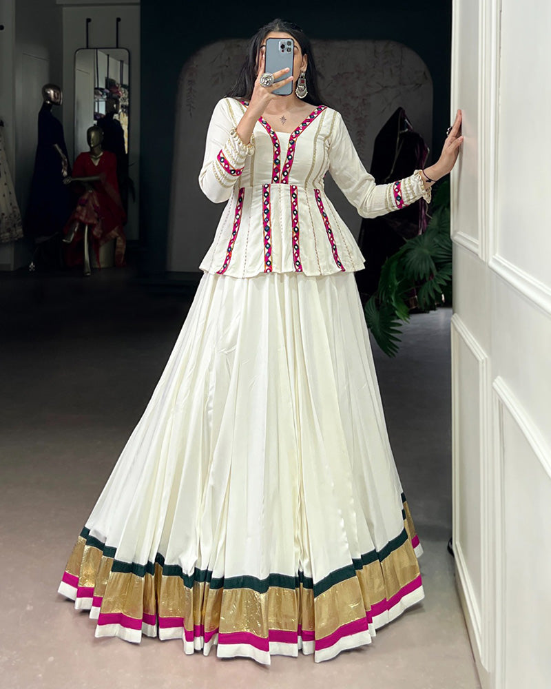 White Pure Rayon Embossed Navratri Lehenga Choli for Women