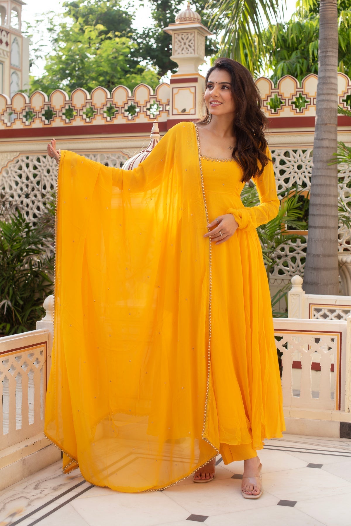 Festive Wear Yellow Anarkali Suit Set with Georgette Dupatta