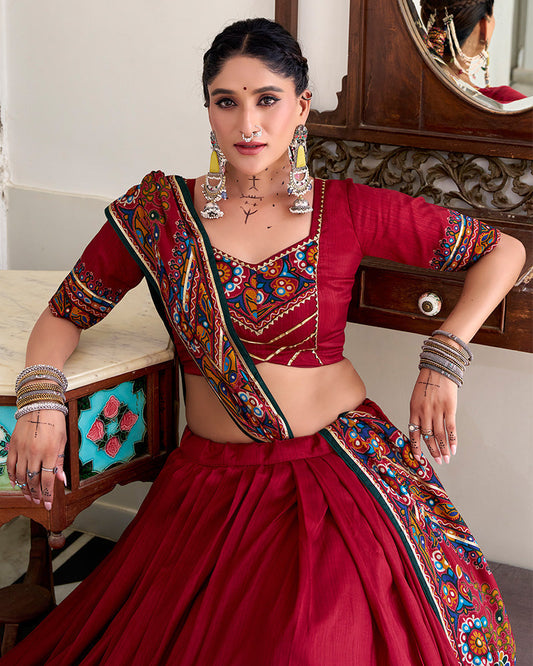 Designer Red Tussar Silk Full Stitched Lehenga Choli for Navratri Festival