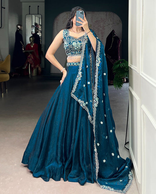Festive Peacock Color Fendi Silk Embroidered Lehenga Choli