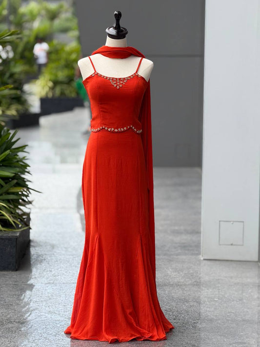 90's Style Iconic Red Fish Cut Fully Stitched Lehenga Choli