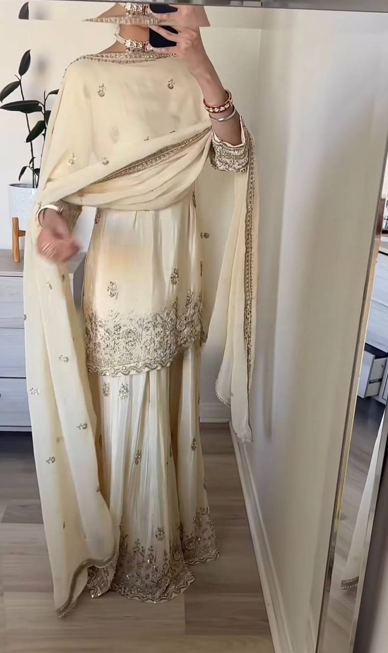 Party Wear Crepe Sharara Suit Set with Dupatta for Women | Party Wear Palazzo Suit