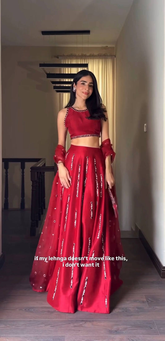 Designer Ruby Red Satin Silk Lehenga Choli Set for Women