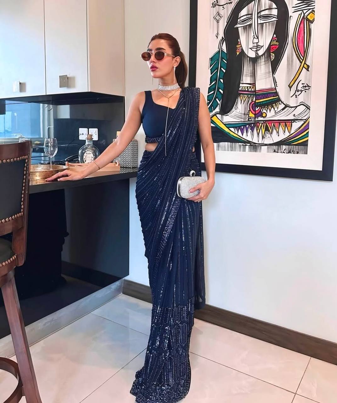 Party Wear Blue Sequins Georgette Saree