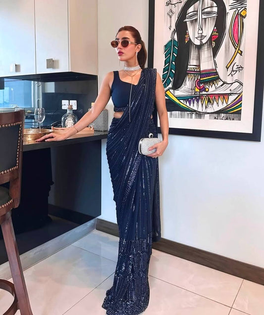 Party Wear Blue Sequins Georgette Saree