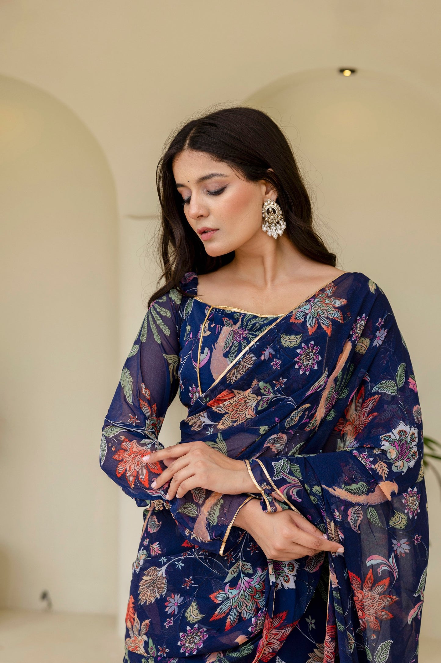 Floral Ruffle Ready to Wear Lehenga Saree with Full Sleeve Blouse