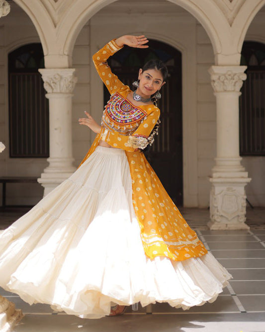 Designer Yellow Bandhani Print Kurti with Cotton Lehenga For Festive Wear
