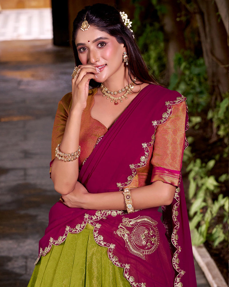 Designer Parrot Green Kanchipuram Zari Weaving Lehenga Choli for Women