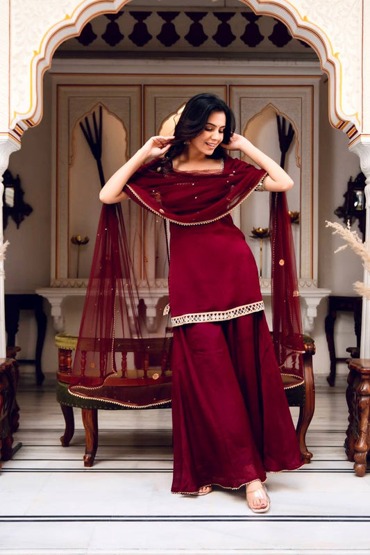 Festive Wear Wine Real Mirror Work Palazzo Suit Set with Dupatta