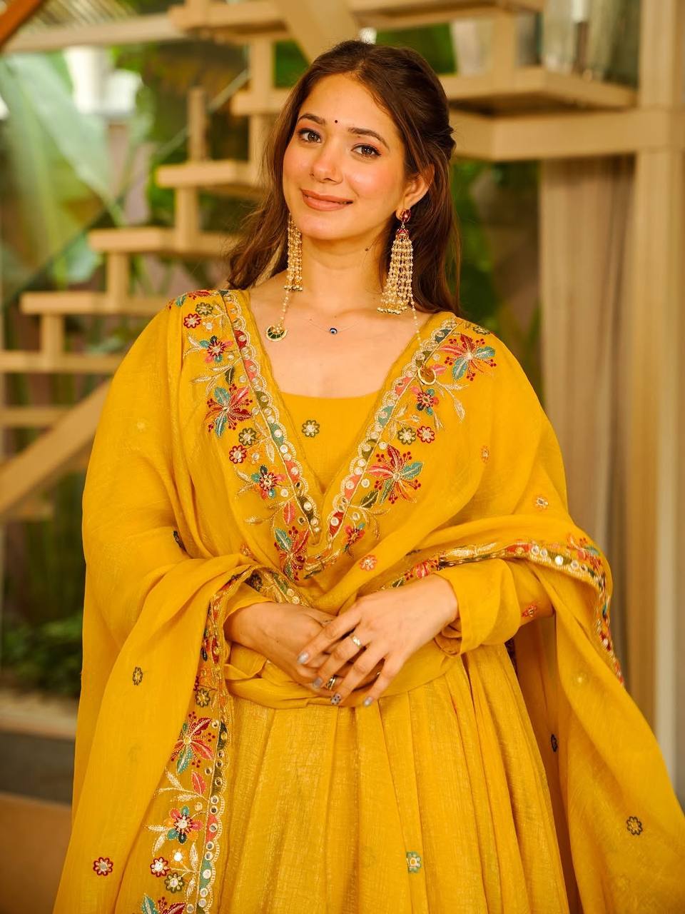 Mustard Yellow Embroidered Anarkali Palazzo Set With Dupatta | Designer Festive Wear for Women