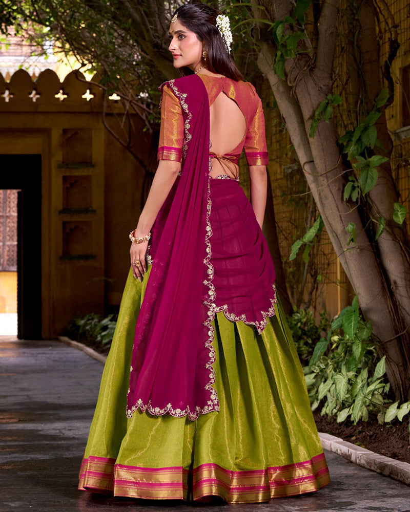Designer Parrot Green Kanchipuram Zari Weaving Lehenga Choli for Women