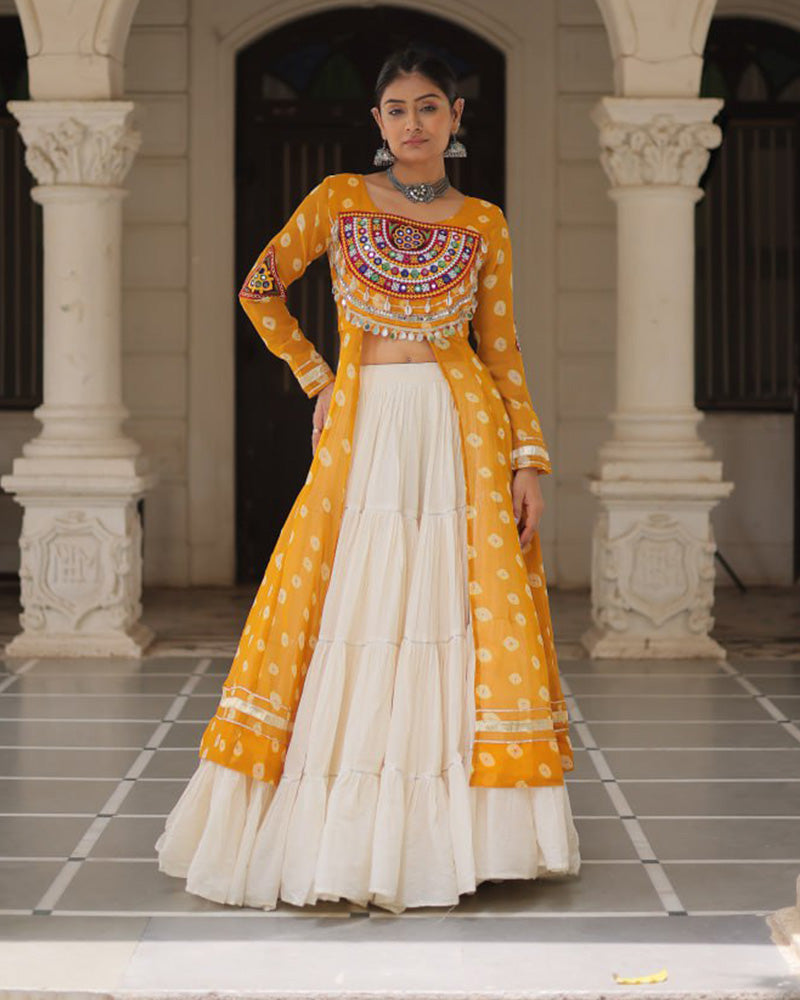 Designer Yellow Bandhani Print Kurti with Cotton Lehenga For Festive Wear