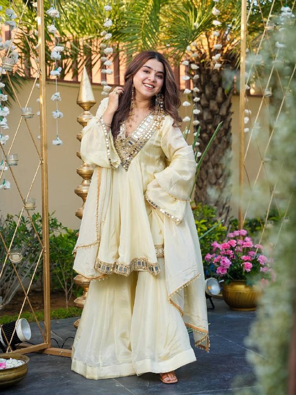 Festive Wear Cream Cosmos Fabric Mirror Work Anarkali Palazzo Set