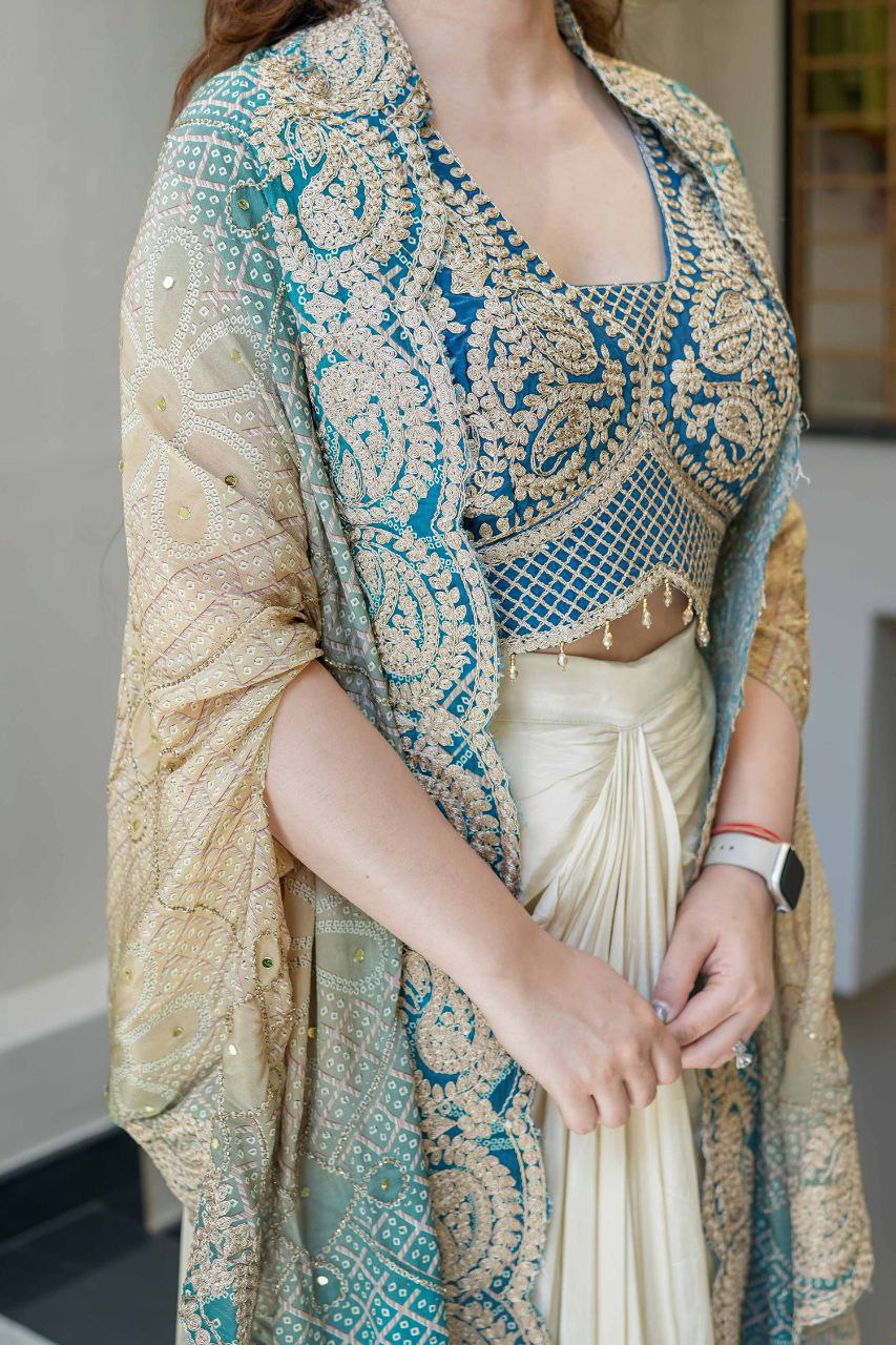Party Wear Indo-Western Draped Saree Set with Embroidered Shrug - Western Saree Outfit for Women
