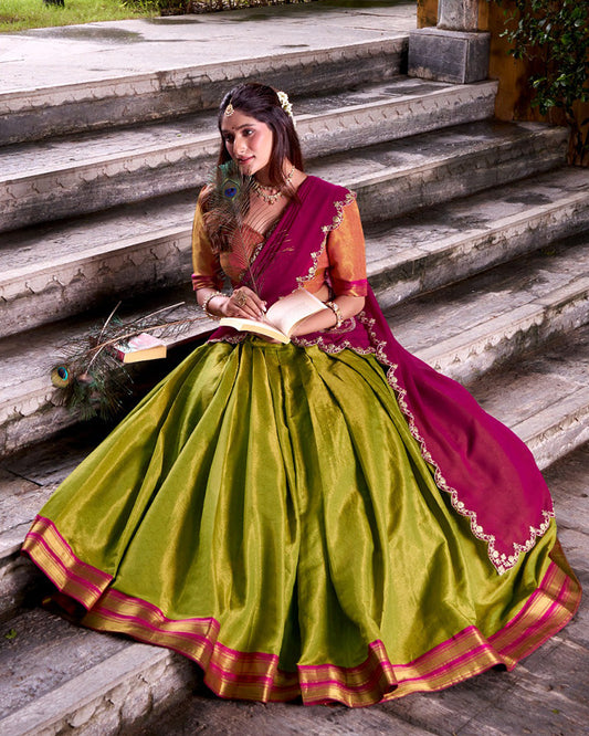 Designer Parrot Green Kanchipuram Zari Weaving Lehenga Choli for Women
