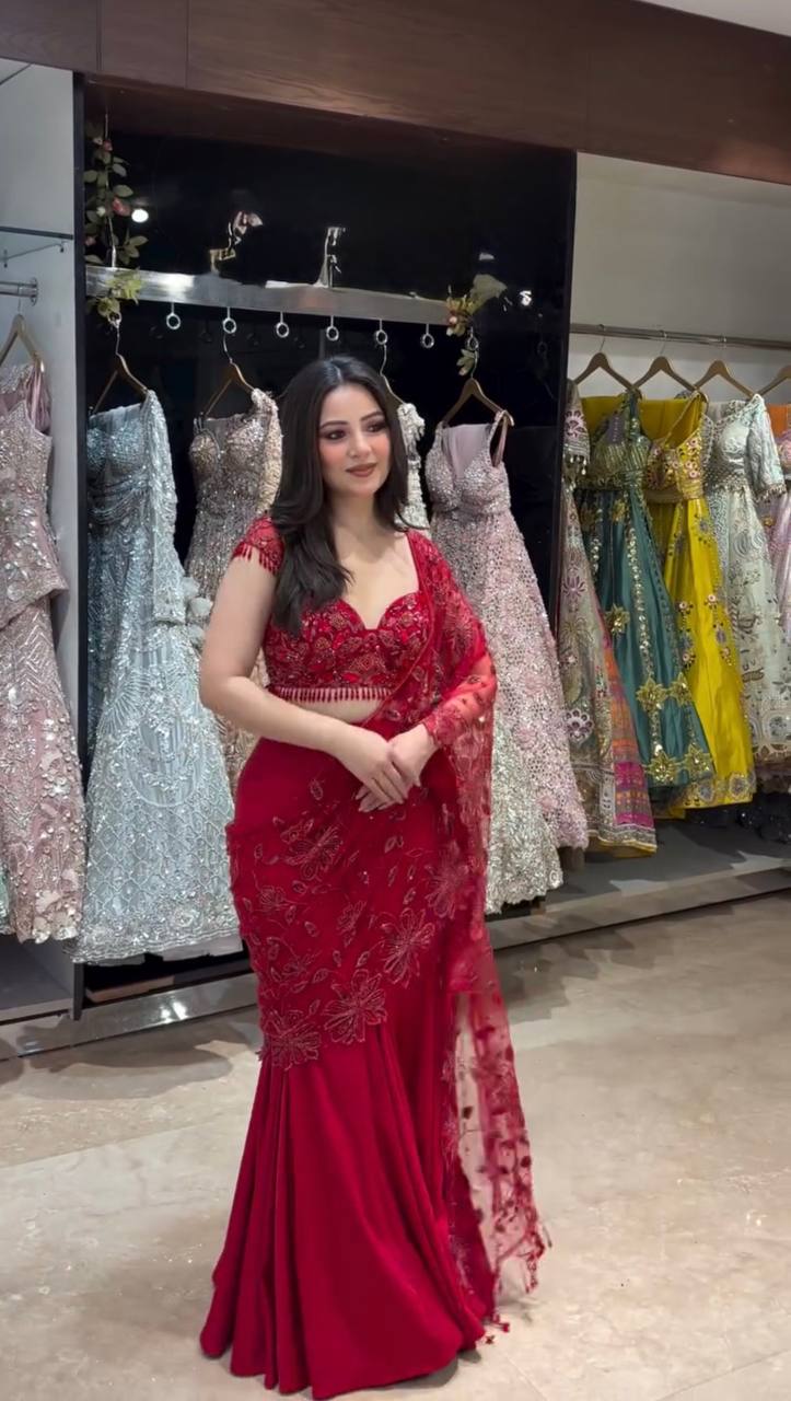 Red Ready-to-Wear Lehenga Saree Set with Sequins Embroidery – Designer Party Wear for Women