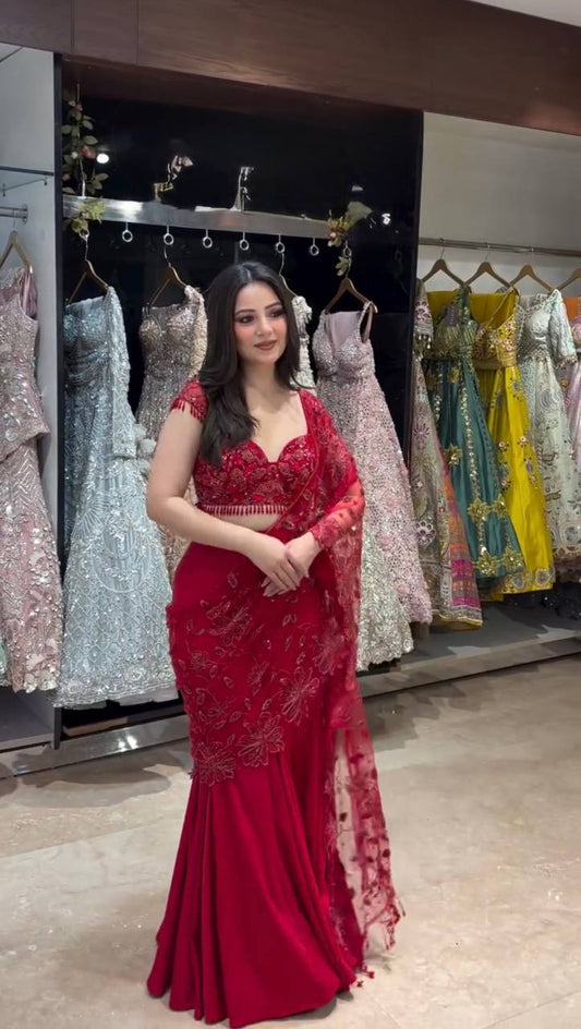 Red Ready-to-Wear Lehenga Saree Set with Sequins Embroidery – Designer Party Wear for Women