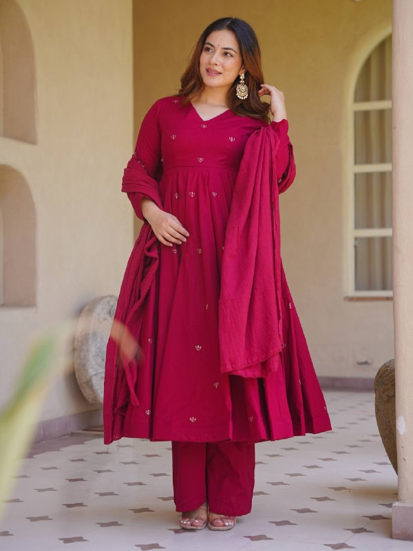 Festive Wear Roman Silk Anarkali Gown Suit Set with Palazzo & Chanderi Dupatta Set | Wedding, Engagement & Reception Outfit