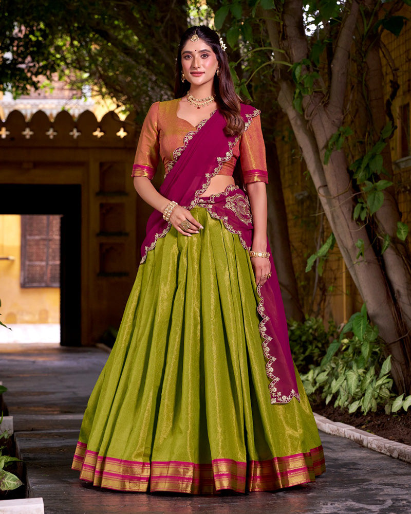 Designer Parrot Green Kanchipuram Zari Weaving Lehenga Choli for Women