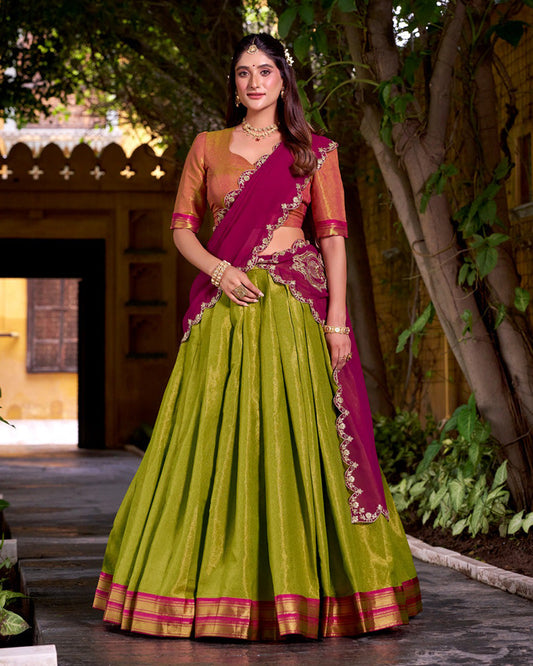 Designer Parrot Green Kanchipuram Zari Weaving Lehenga Choli for Women