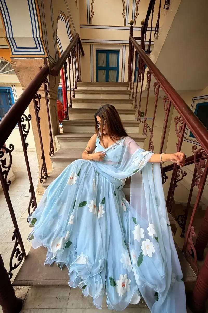 Ready-to-Wear Sky Blue Floral Ruffle Drape Lehenga Saree