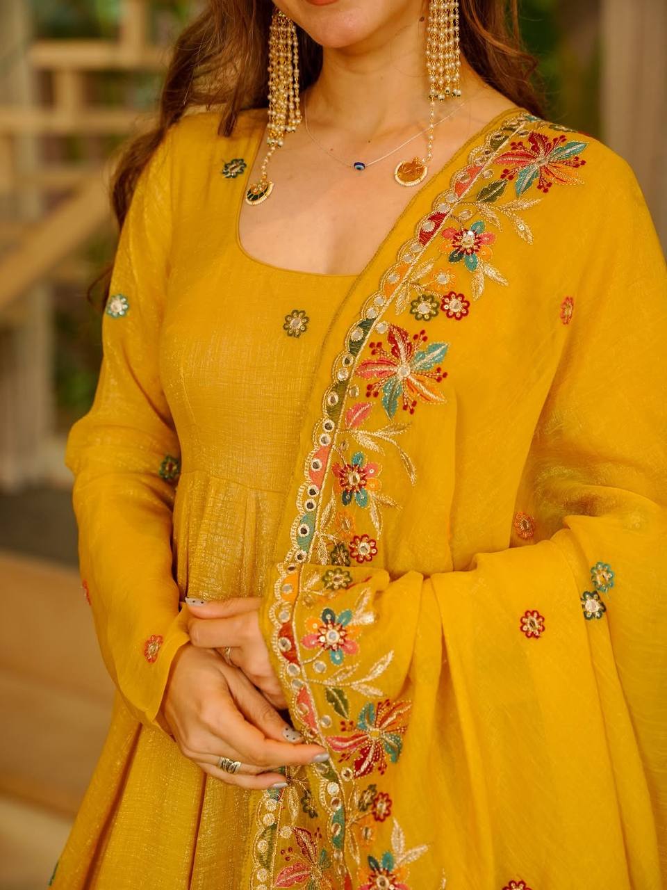 Mustard Yellow Embroidered Anarkali Palazzo Set With Dupatta | Designer Festive Wear for Women