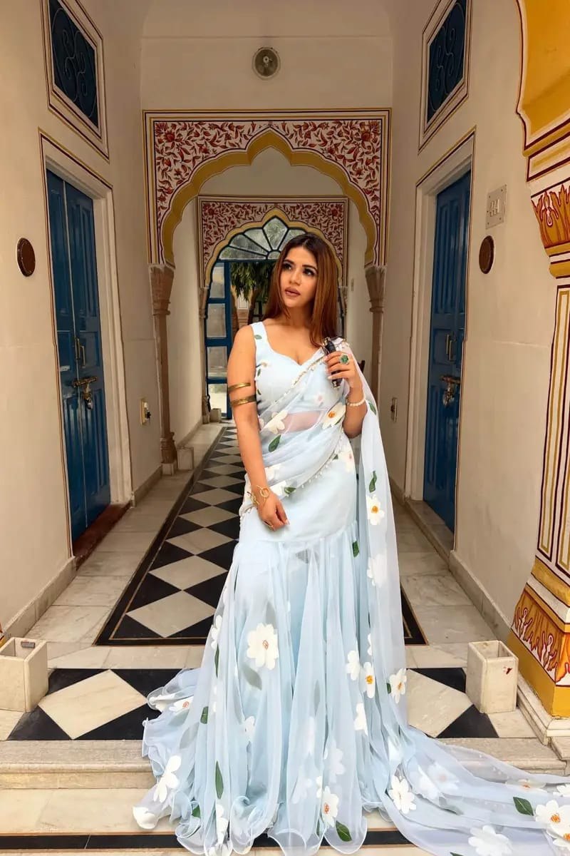 Ready-to-Wear Sky Blue Floral Ruffle Drape Lehenga Saree