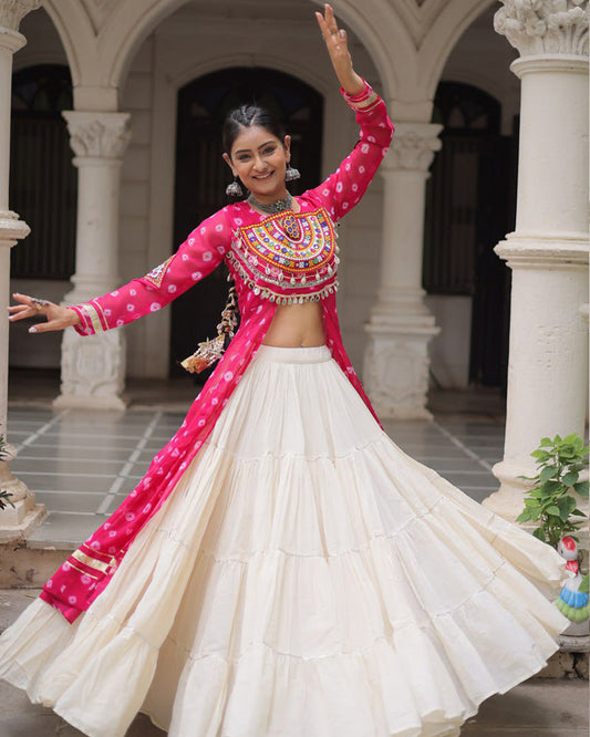 Pink Bandhani Print Kurti with Kora Cotton Lehenga for Women