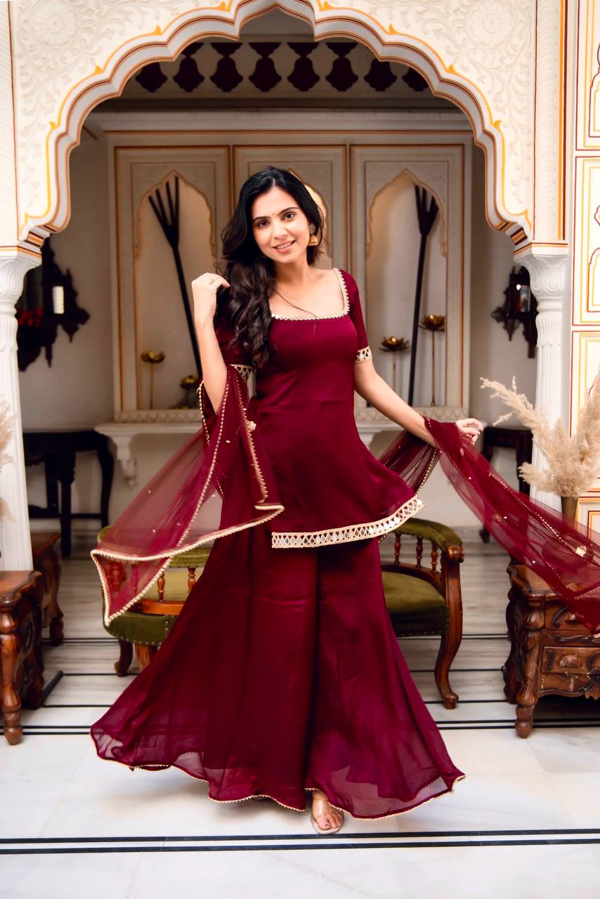 Festive Wear Wine Real Mirror Work Palazzo Suit Set with Dupatta