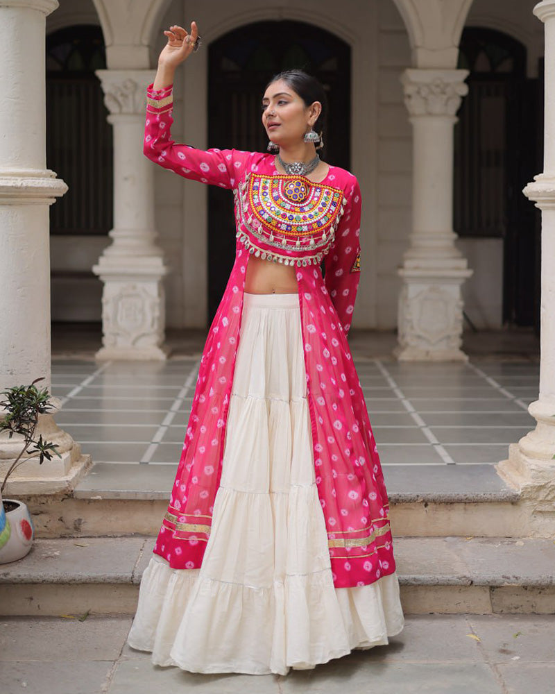 Pink Bandhani Print Kurti with Kora Cotton Lehenga for Women