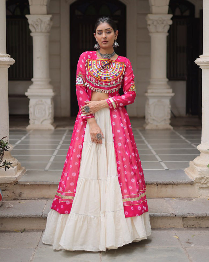 Pink Bandhani Print Kurti with Kora Cotton Lehenga for Women