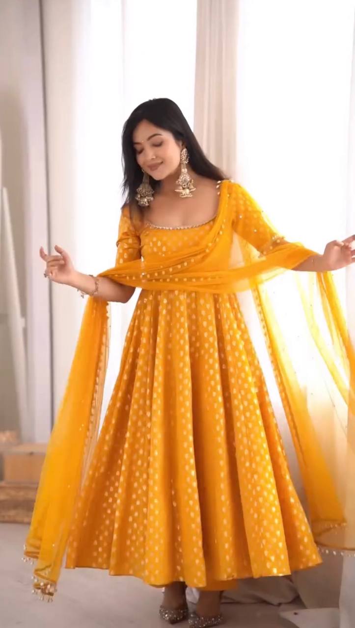 Haldi Special Mirror Work Yellow Anarkali Suit Set with Dupatta for Women