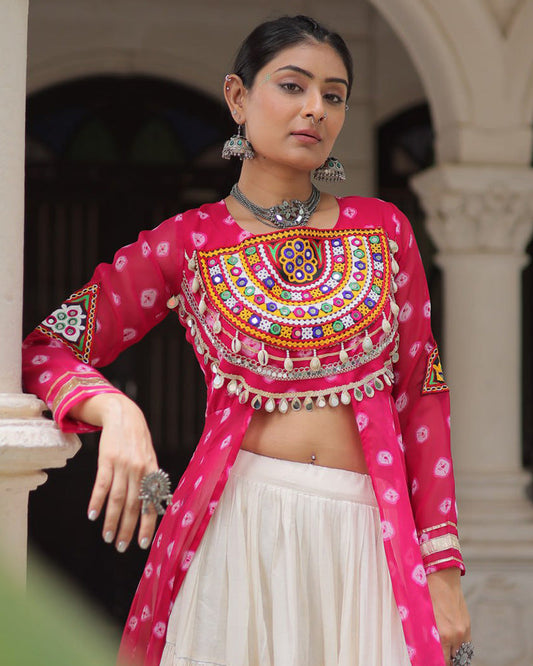 Pink Bandhani Print Kurti with Kora Cotton Lehenga for Women
