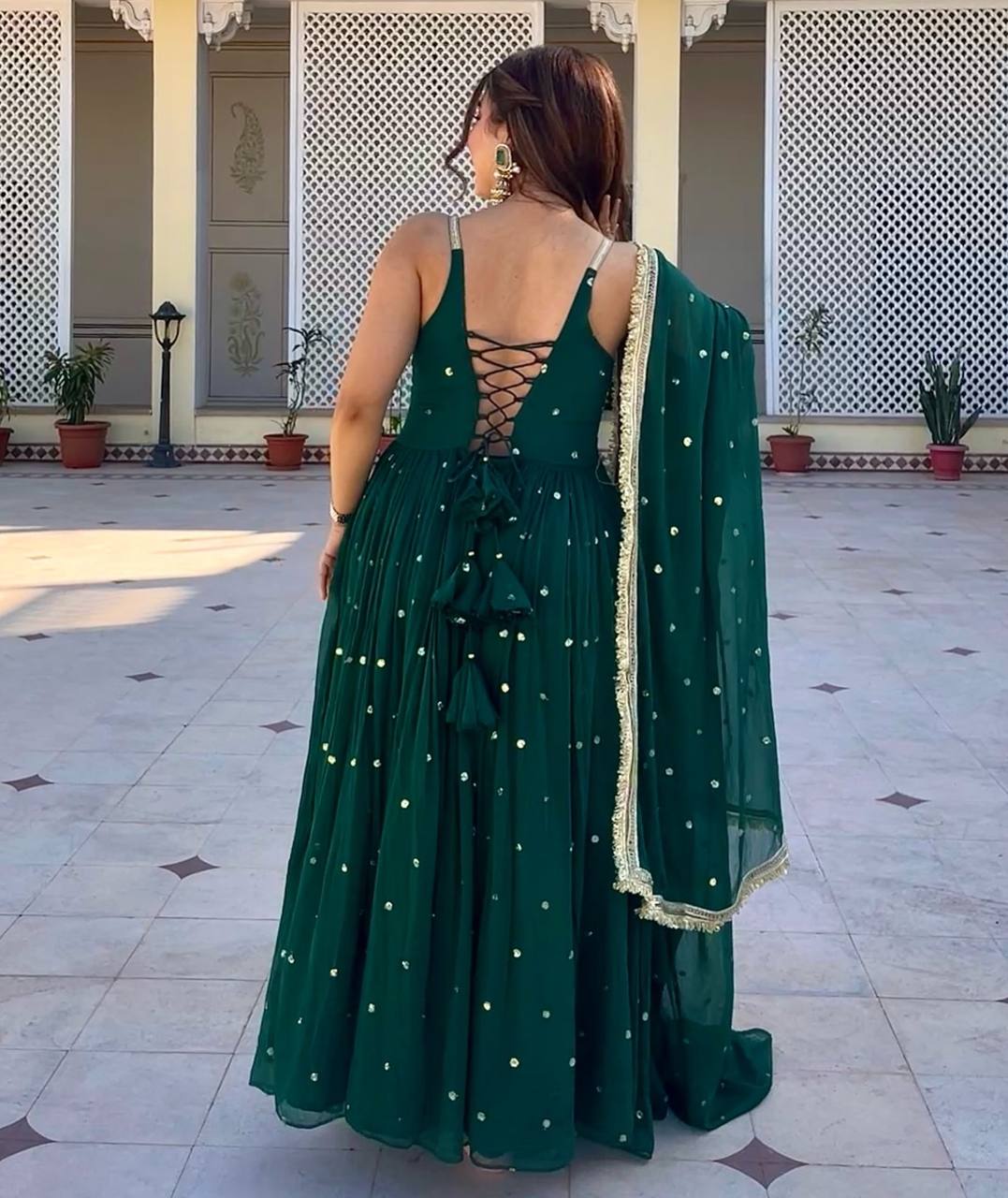 Emerald Green Faux Blooming Gown Set with Heavy Sequin & Zari Work, Pant & Dupatta