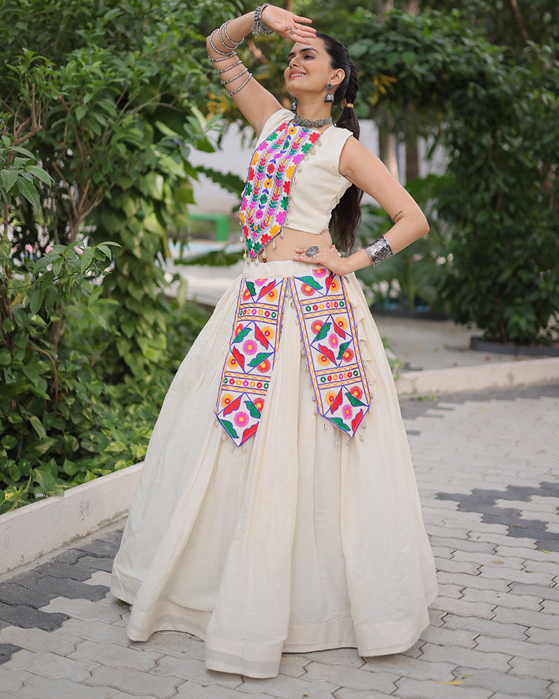 Off White Kora Cotton Gamthi Embroidered Navratri Lehenga Choli for Women