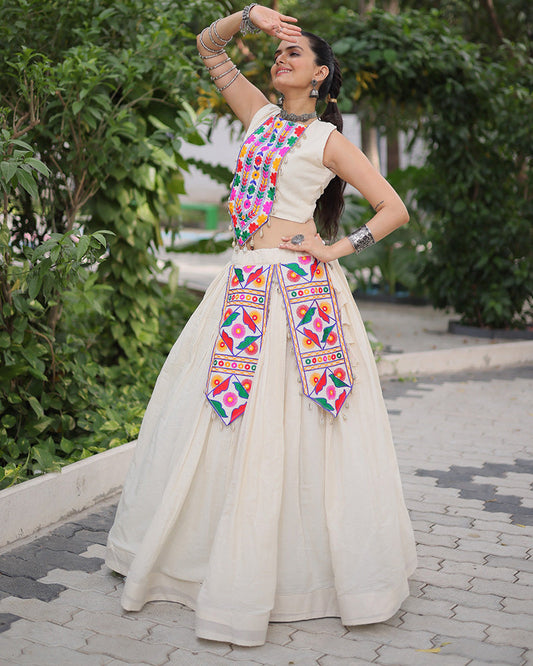 Off White Kora Cotton Gamthi Embroidered Navratri Lehenga Choli for Women