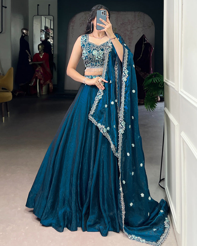 Festive Peacock Color Fendi Silk Embroidered Lehenga Choli