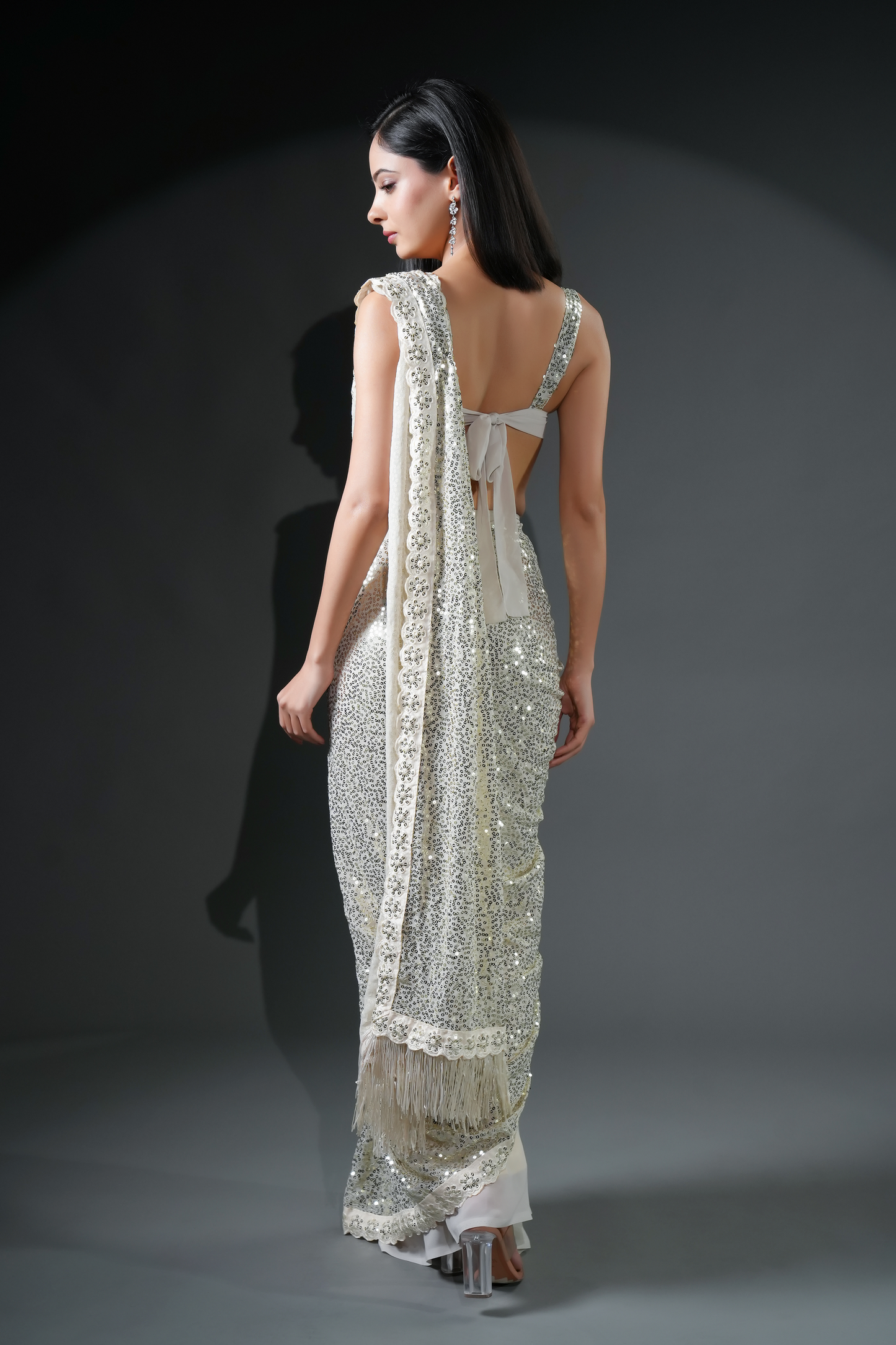 Party Wear Off White Soft Georgette Sequins Saree| Ready To Wear Saree For Wedding