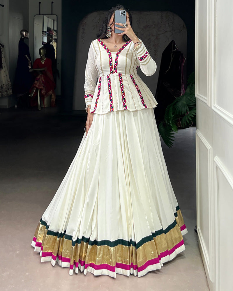 White Pure Rayon Embossed Navratri Lehenga Choli for Women