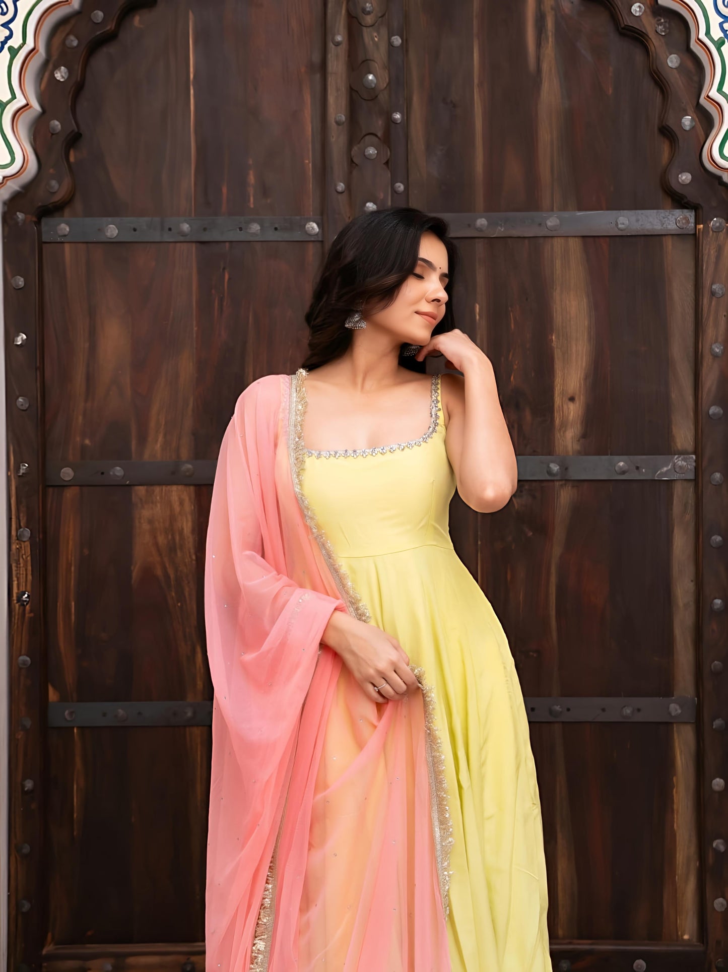 Sangeet Special Yellow Anarkali Suit Set with Pink Dupatta | Designer Festive & Party Wear for Women