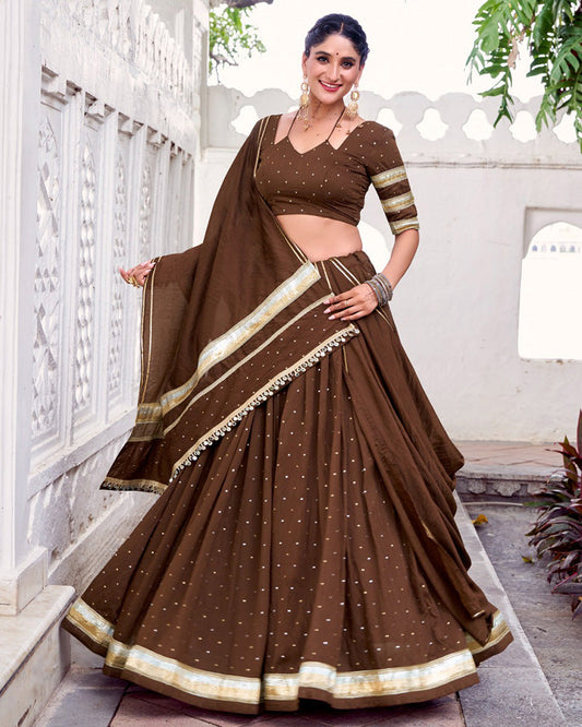 Festive Brown Pure Chanderi Lehenga Choli for Garba and Navratri