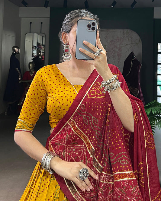 Yellow Tussar Silk Bandhej Lehenga Choli for Navratri Festival Wear