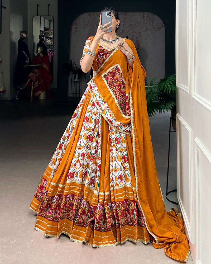 Mustard Pure Rayon Printed Silk Navratri Lehenga Choli for Women