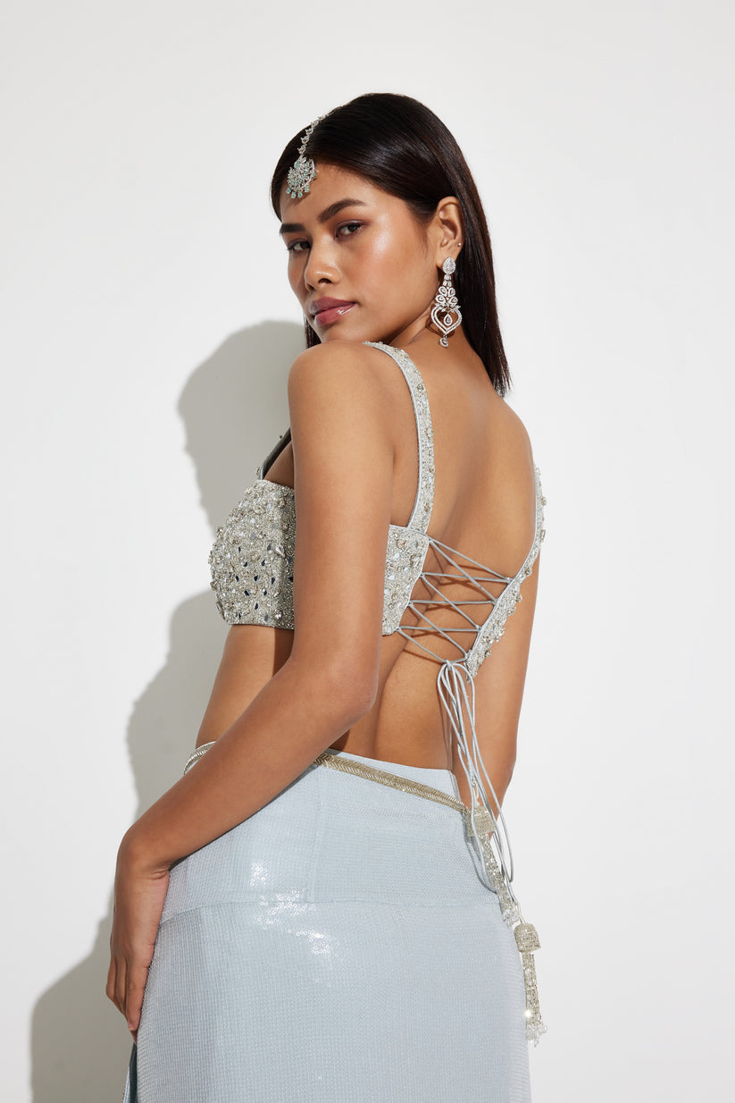 Party Wear Ice-Blue Pre-draped sequin saree