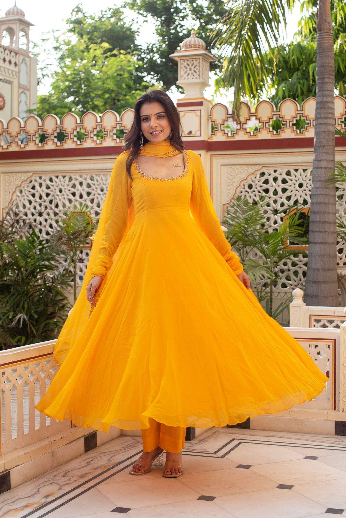 Festive Wear Yellow Anarkali Suit Set with Georgette Dupatta
