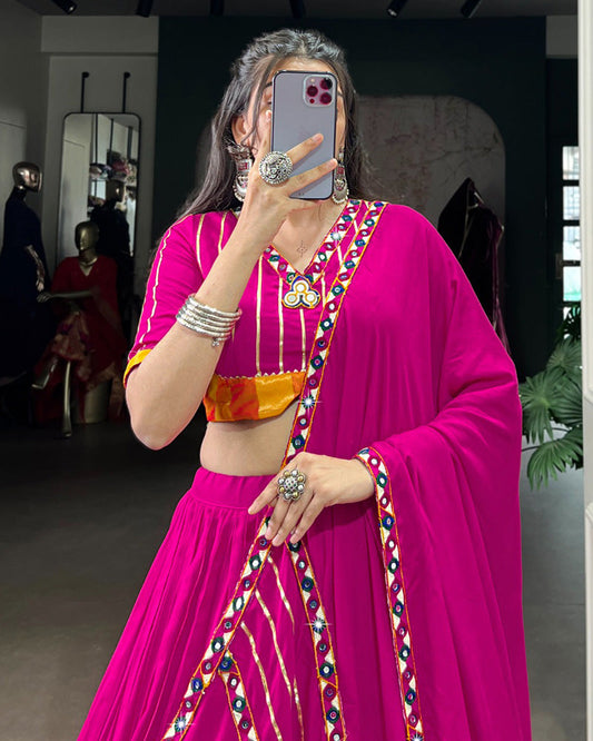 Traditional Pink Rayon Lehenga Choli for Navratri and Garba